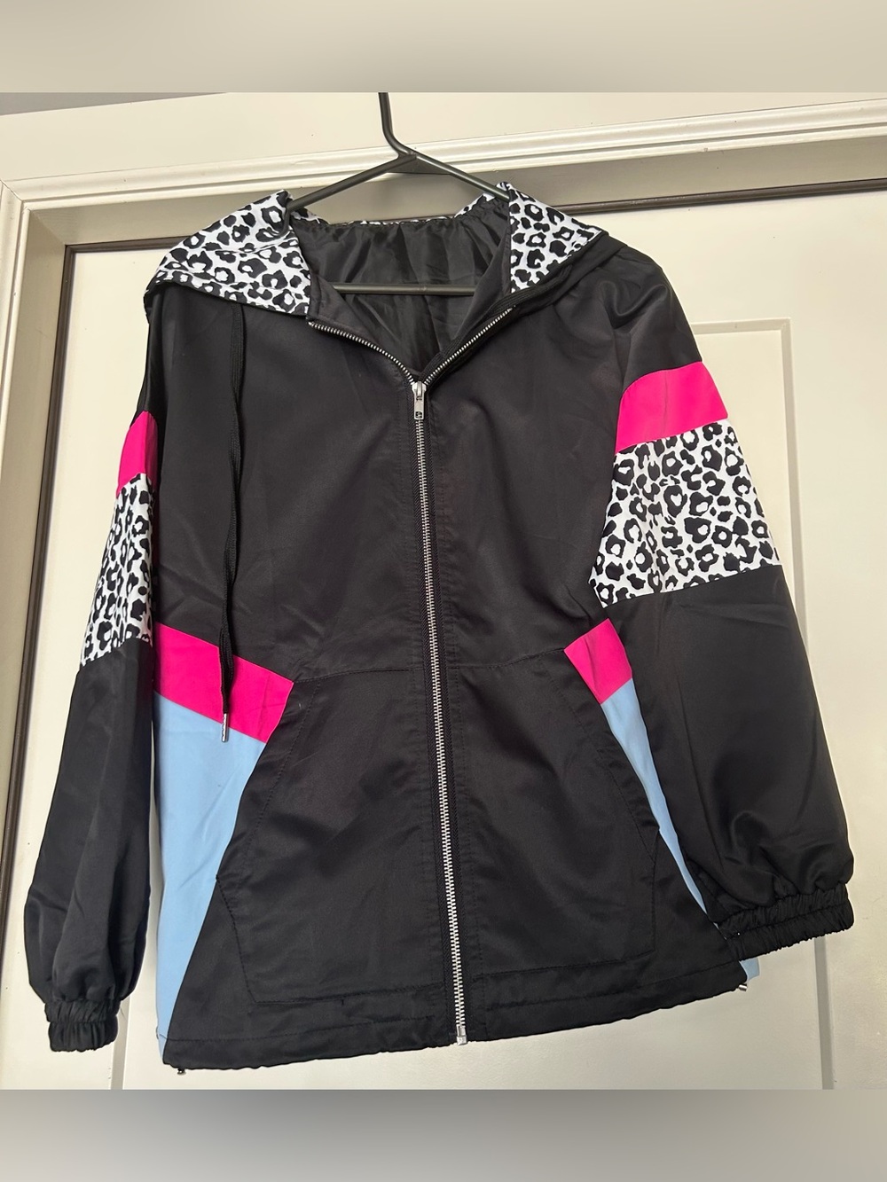 Black Hooded Windbreaker with Pink, Light Blue & Leopard Panels